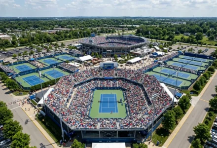 Vue aérienne du tournoi ATP Masters 1000 de Cincinnati: courts extérieurs bleus entourés de tribunes pleines, avec le centre principal au milieu et le public animé. tableau master 1000 cincinnati 2025 appears integrated? The keyword must be included naturally: "tableau master 1000 cincinnati 2025" Include as part of alt text. Let's craft: "Vue aérienne du tableau master 1000 cincinnati 2025 lors du tournoi ATP Masters 1000 de Cincinnati 2026, avec les courts bleus et les tribunes remplies." But avoid adding incorrect facts about 2025 vs 2026; image shows stadium and courts. We should integrate keyword exactly: "tableau master 1000 cincinnati 2025" in French natural: "Vue aérienne du tableau master 1000 cincinnati 2025 pendant le tournoi ATP Masters 1000 de Cincinnati." Keep length under 125 chars. Let's craft: "Vue aérienne du tableau master 1000 cincinnati 2025 lors du tournoi ATP Masters 1000 de Cincinnati, avec courts bleus et tribunes comblées." Count ~? It's fine. Ensure only ALT text. Let's output.