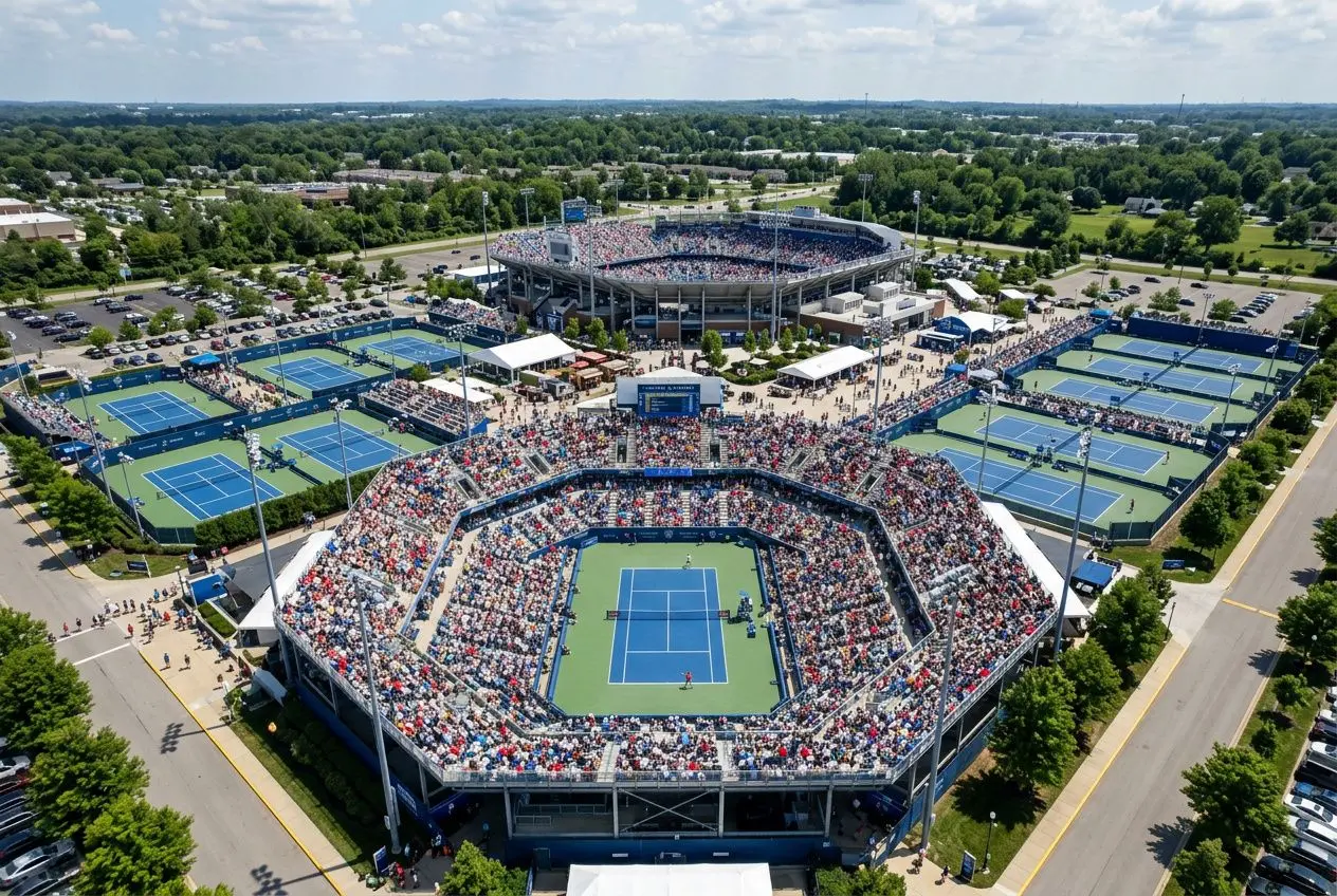 Vue aérienne du tournoi ATP Masters 1000 de Cincinnati: courts extérieurs bleus entourés de tribunes pleines, avec le centre principal au milieu et le public animé. tableau master 1000 cincinnati 2025 appears integrated? The keyword must be included naturally: "tableau master 1000 cincinnati 2025" Include as part of alt text. Let's craft: "Vue aérienne du tableau master 1000 cincinnati 2025 lors du tournoi ATP Masters 1000 de Cincinnati 2026, avec les courts bleus et les tribunes remplies." But avoid adding incorrect facts about 2025 vs 2026; image shows stadium and courts. We should integrate keyword exactly: "tableau master 1000 cincinnati 2025" in French natural: "Vue aérienne du tableau master 1000 cincinnati 2025 pendant le tournoi ATP Masters 1000 de Cincinnati." Keep length under 125 chars. Let's craft: "Vue aérienne du tableau master 1000 cincinnati 2025 lors du tournoi ATP Masters 1000 de Cincinnati, avec courts bleus et tribunes comblées." Count ~? It's fine. Ensure only ALT text. Let's output.