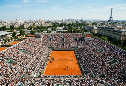 Vue panoramique d’un court de tennis en terre battue entouré d’un vaste public, à Paris, avec la Tour Eiffel à l’horizon. Grand chelem tennis 2026.