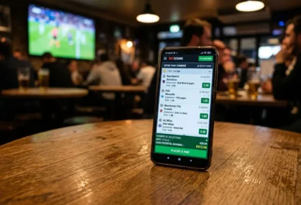 Affiche d’un combiné paris sportif sur un smartphone posé sur une table dans un bar, écran montrant plusieurs sélections et cotes. c est quoi un combiné paris sportif.
