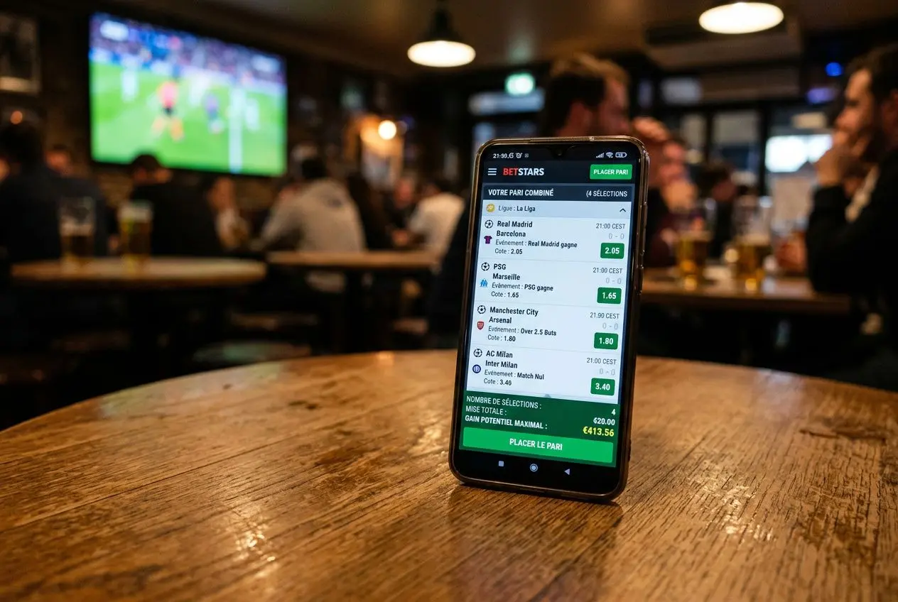 Affiche d’un combiné paris sportif sur un smartphone posé sur une table dans un bar, écran montrant plusieurs sélections et cotes. c est quoi un combiné paris sportif.