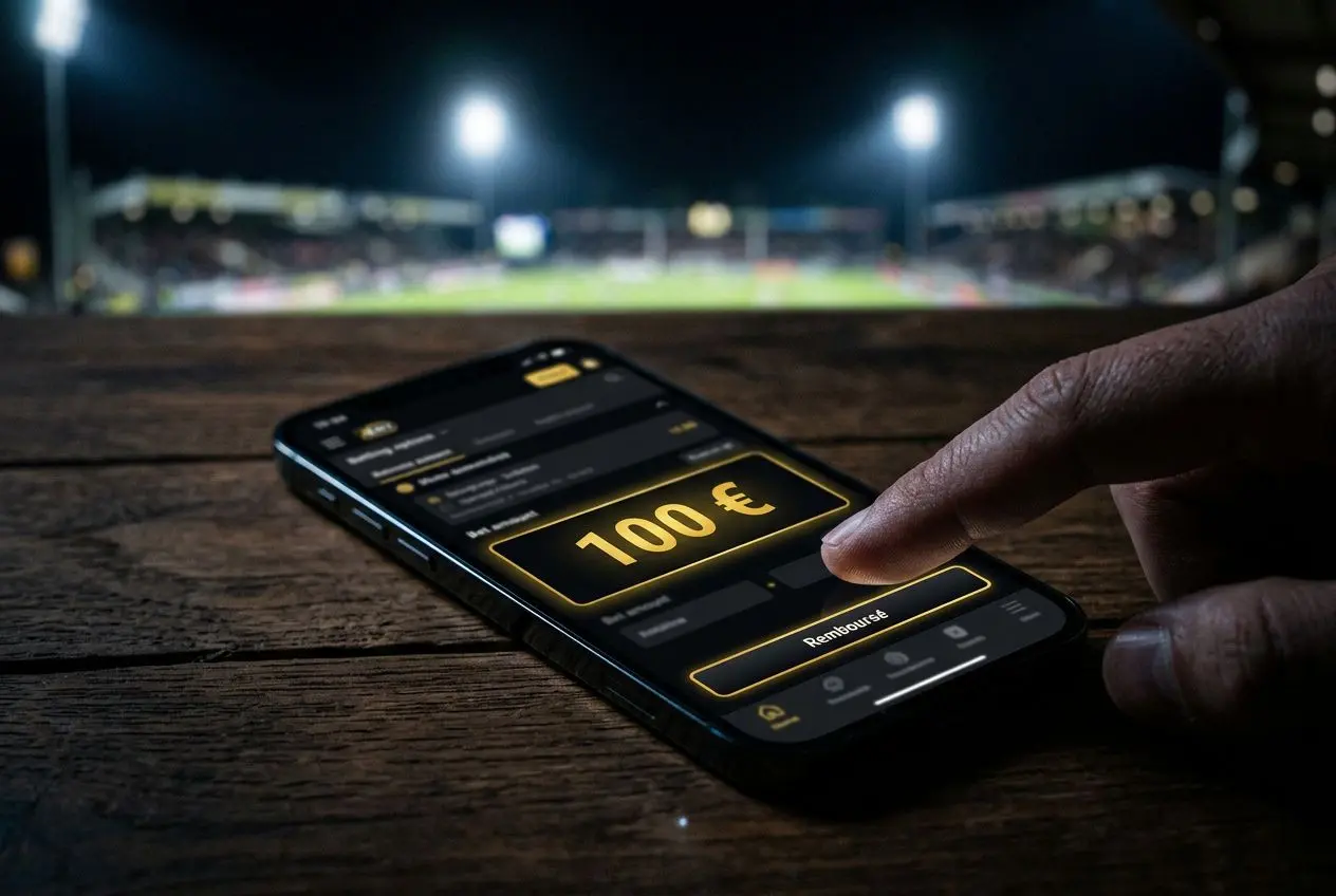Alt: Téléphone affichant un affichage Winamax avec le texte “100 €” sur un fond sombre, prêt à être saisi, près d’un terrain de sport éclairé.