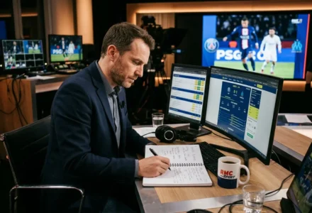 Analyste sportif en studio, notant des pronostics sur un carnet devant deux écrans affichant des données de paris. Paries combinés et analyses à portée de main. parİs combiné pronostic