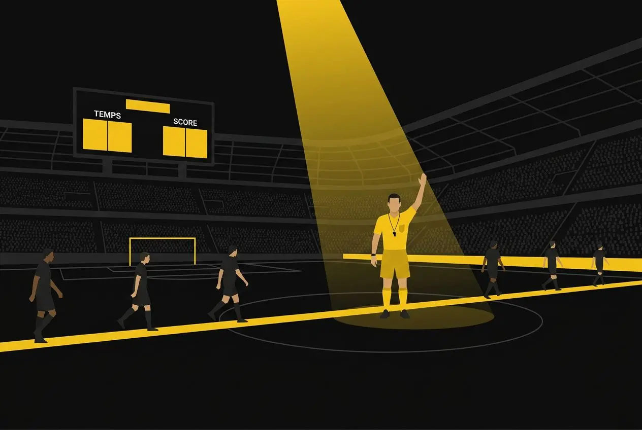 Arbitre sur scène éclairé en jaune dans un stade sombre, joueurs alignés sur le terrain et tribunes, ambiance sportive et spotlight. 1n2 signification paris sportif.
