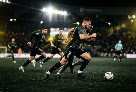 Attaquant en noir contrôle le ballon lors d’un match nocturne, entouré de coéquipiers en mouvement sur le terrain. les meilleures recrues mercato ligue 1, mouvement rapide et intensité.