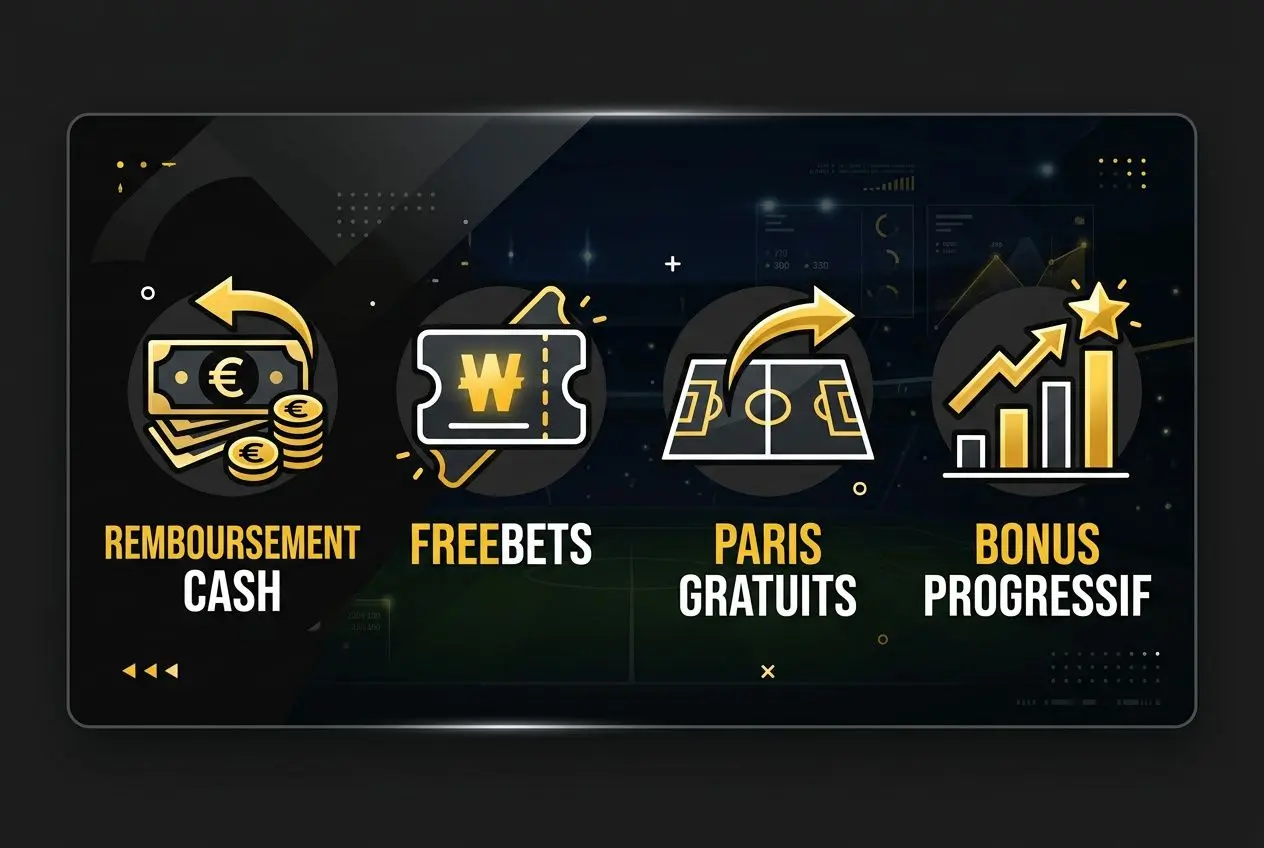Code bonus winamax : visuel présentant quatre icônes (remboursement cash, freebets, Paris gratuits, bonus progressif) sur fond sombre, évoquant promotions et offres Winamax.