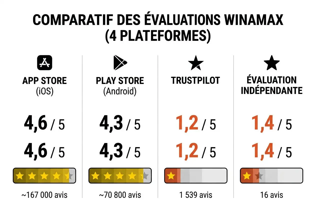 Comparatif des évaluations Winamax: 4 plateformes, App Store, Play Store, Trustpilot, évaluation indépendante; notes et avis affichés.