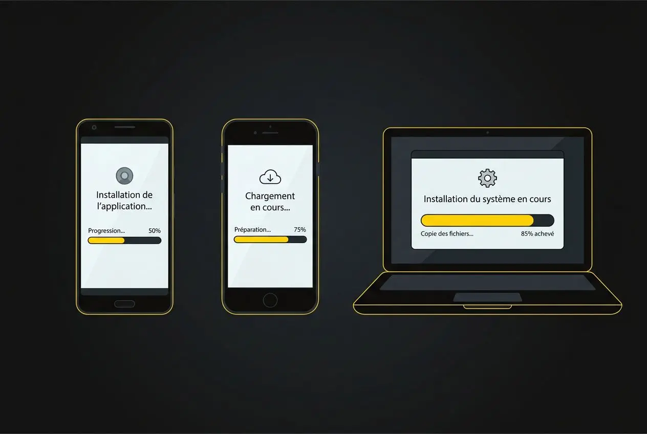 Dépannage problèmes techniques winamax: illustration de trois écrans montrant une installation/app en cours, téléchargement et préparation système sur mobile et ordinateur.