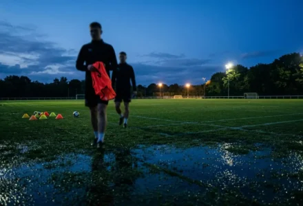Deux joueurs de football marchent sur un terrain d’entraînement nocturne, près de flaques d’eau reflétant les lampadaires, avec des cônes orange au bord. mercato om en direct