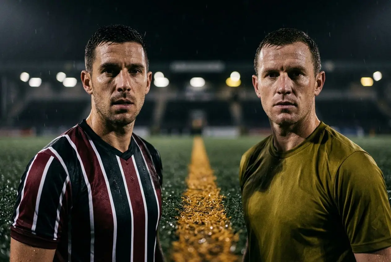 Deux joueurs de football sur un terrain, l’un en maillot rayé et l’autre en maillot uni, debout face caméra au milieu d’une ligne jaune marquant le sol. proches du point d’observation.