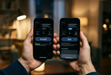 Deux smartphones montrant des écrans d’installation, tenus par deux mains, procédure d’installation en cours.