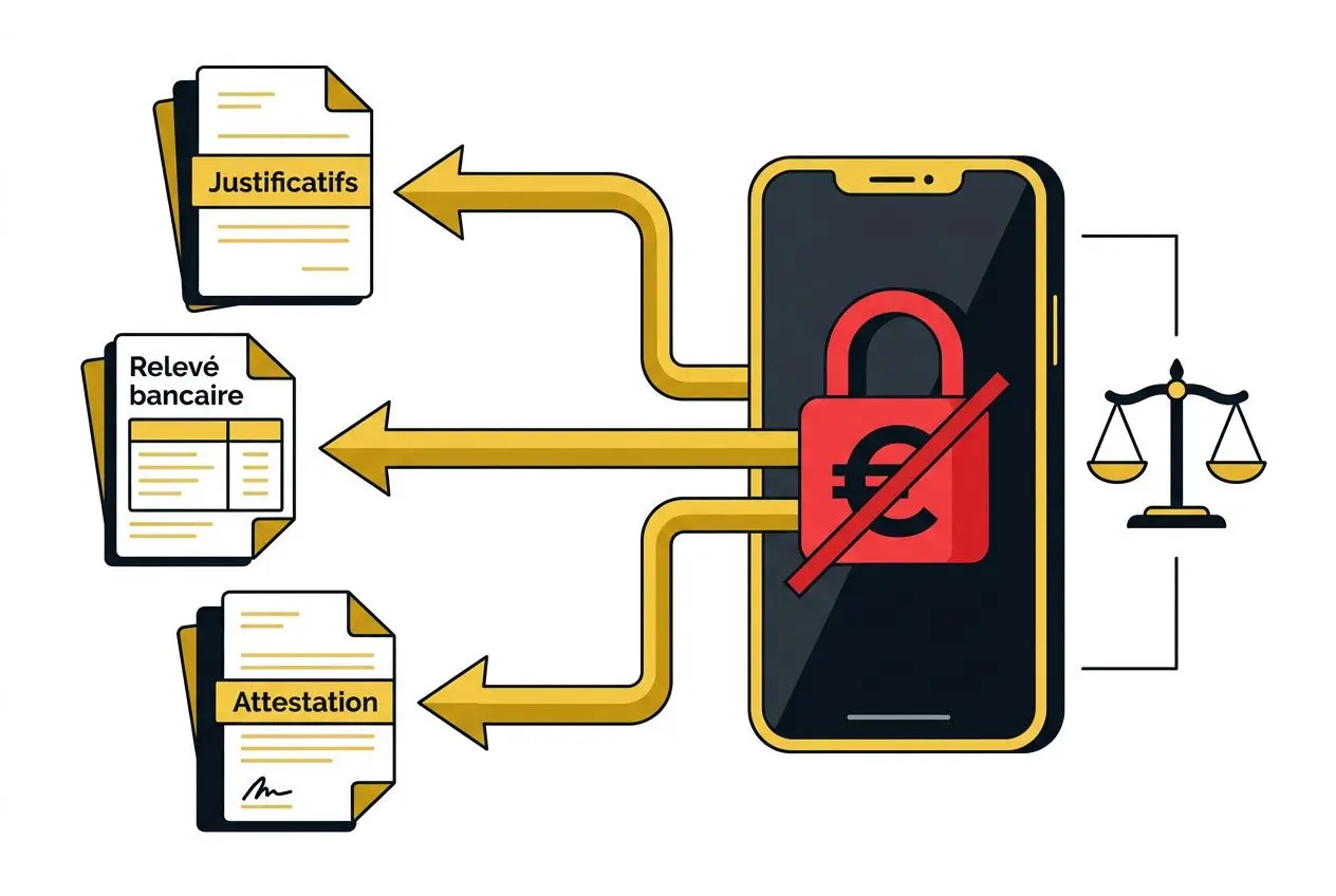 Écran de smartphone avec cadenas rouge et flèches vers des documents : justificatifs, relevé bancaire et attestation, illustrant sécurité et vérification des données. est-ce que winamax est fiable