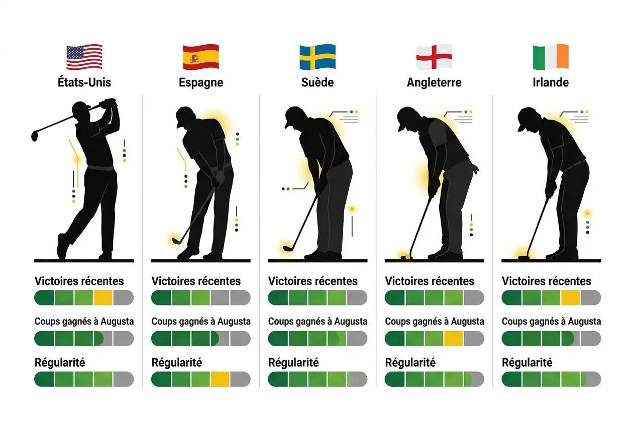 Favoris pour le masters d'augusta : illustration de cinq golfeurs sur fonds de drapeaux États‑Unis, Espagne, Suède, Angleterre et Irlande avec leurs statistiques récentes et régularité affichées.