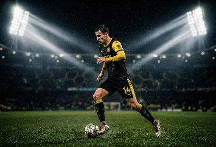 Footballeur en action sur terrain humide sous les projecteurs, contrôlant le ballon pendant un match, avec les meilleures recrues de ligue 1 en tête.