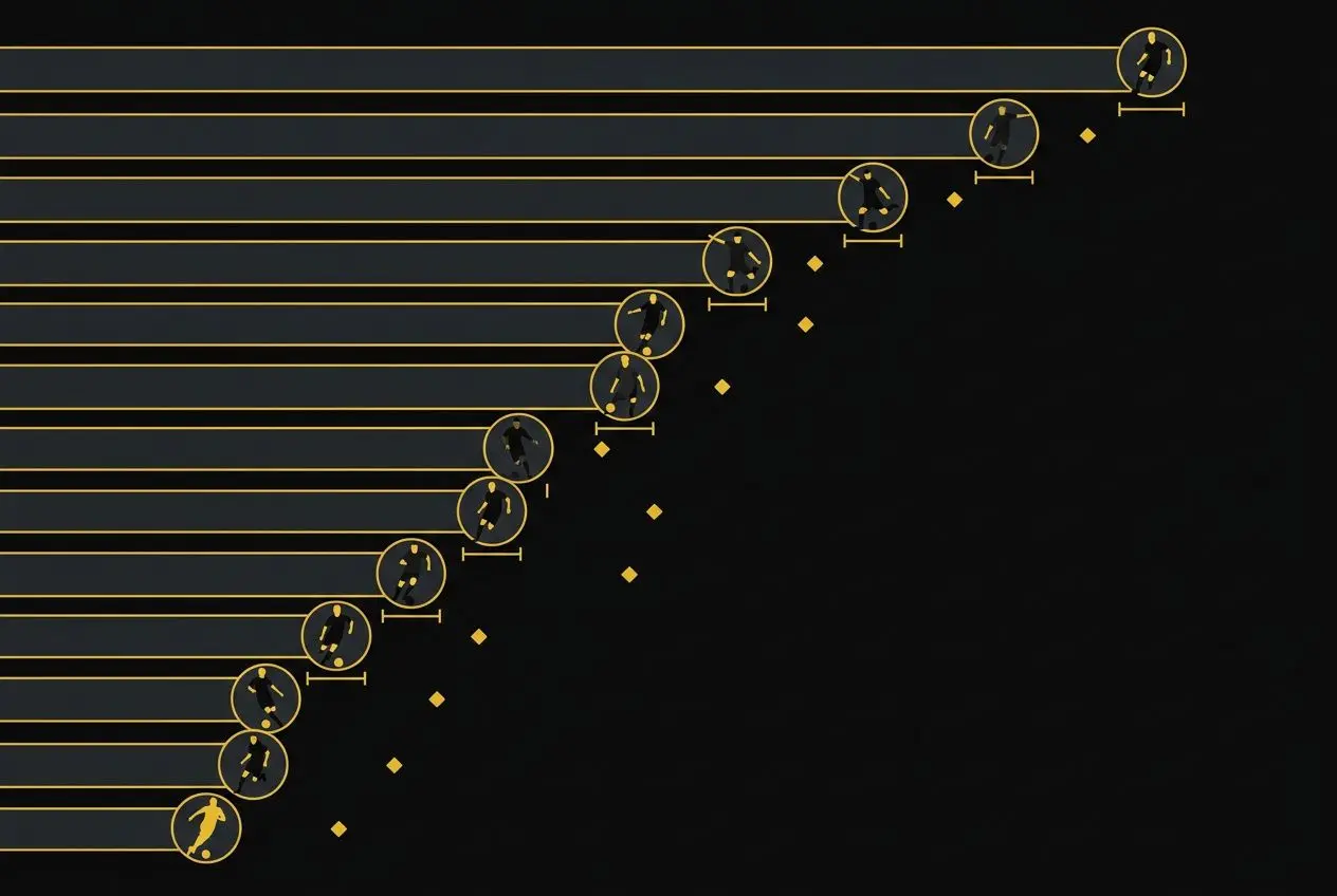 Grille horizontale avec des silhouettes de joueurs entourées en cercle, reliées par des lignes jaunes sur fond sombre.