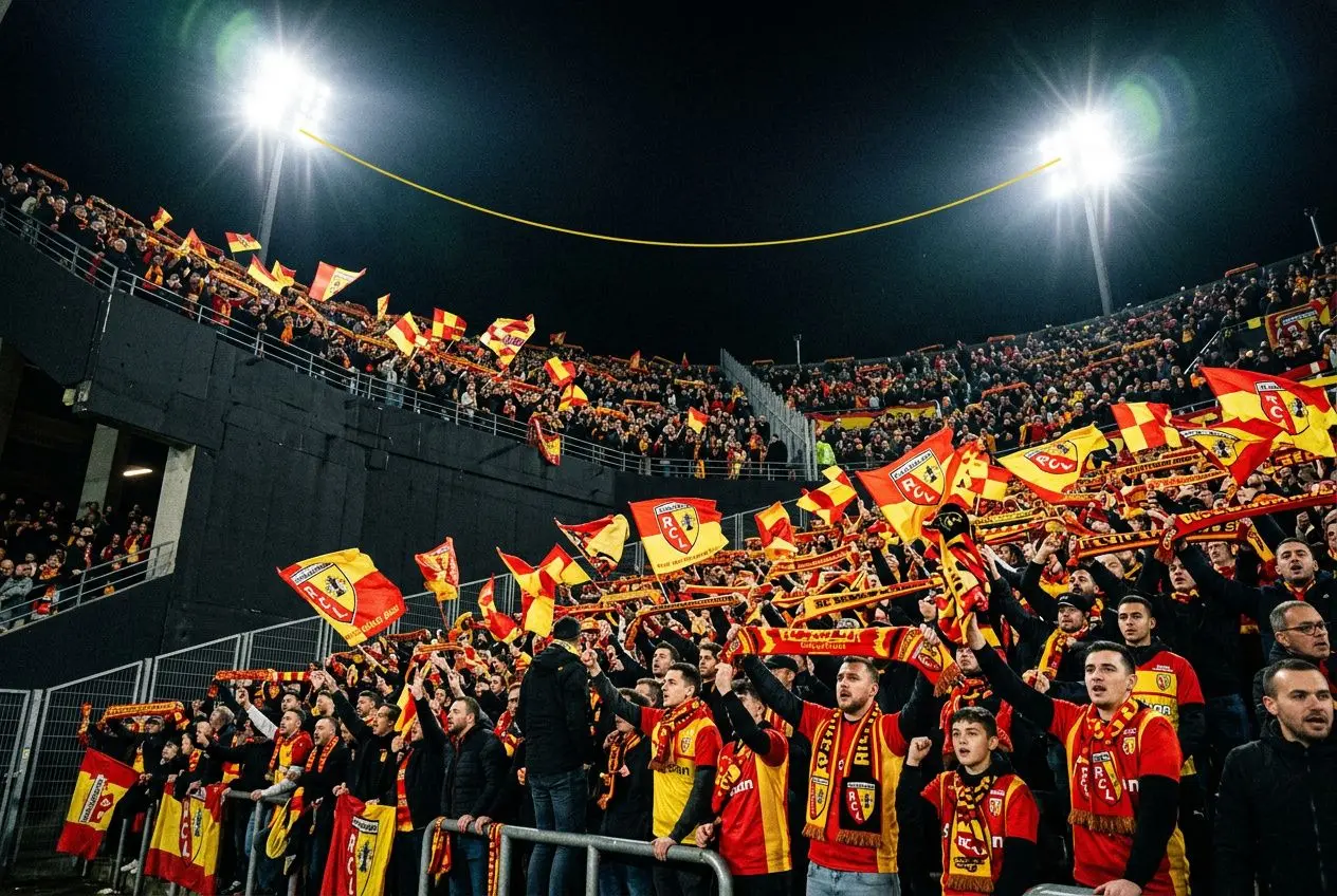 Gros plan des supporters en tribune, écharpes et drapeaux rouges et jaunes au stade la nuit. Dernieres infos mercato ligue 1 dans le cadre.