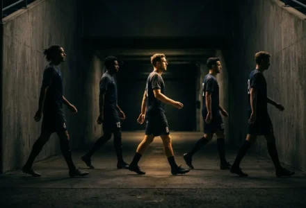 Groupe de joueurs de football marchant en file dans un tunnel sombre, silhouette focalisée sur le joueur central. Intégrer: joueurs prêtés psg.
