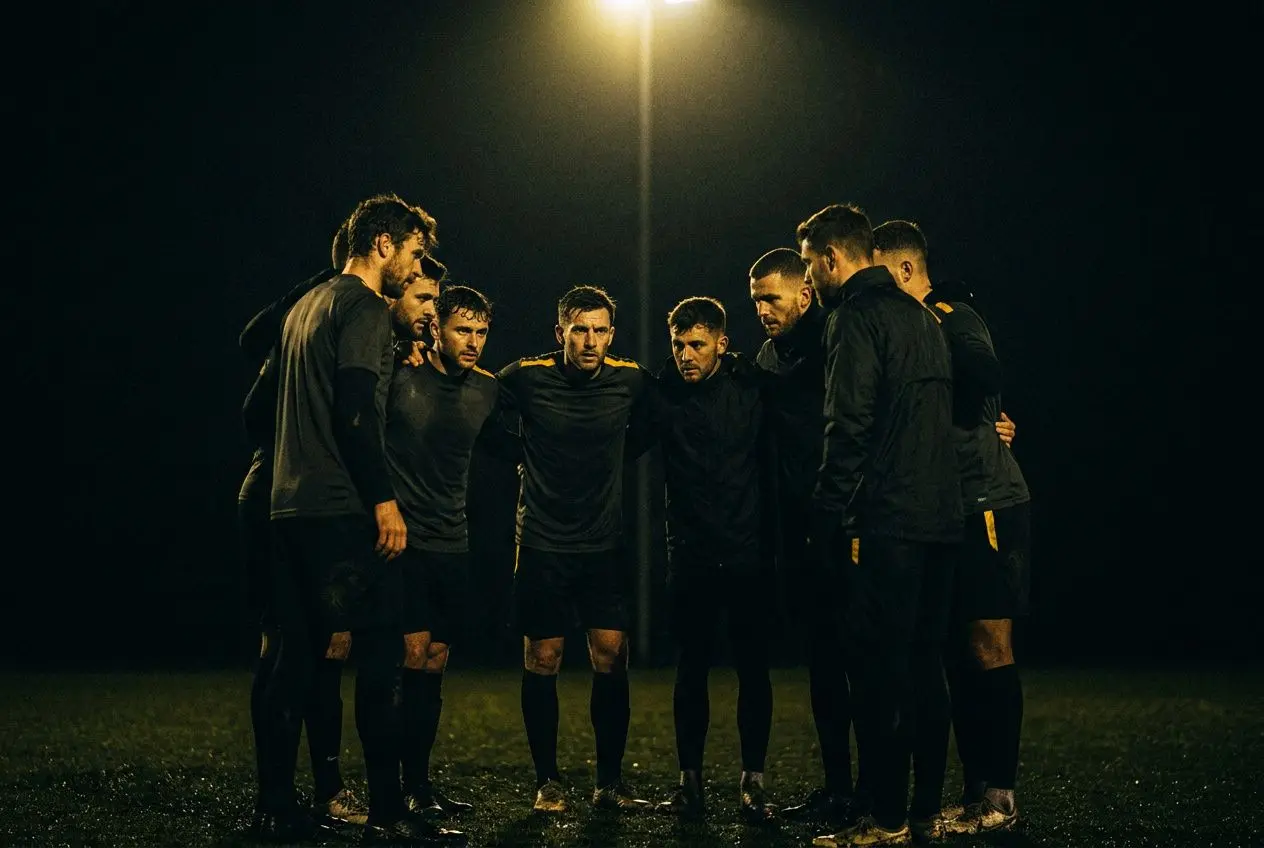 Groupement de joueurs de football en cercle sur un terrain nocturne, entraînement intensif. joueurs libres ligue 1, alerte mercato et opportunités.