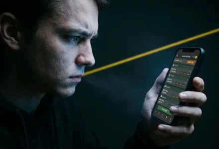 Homme concentré regardant son téléphone affichant des paris en ligne, illustrant le risque de Betclic danger et l’addiction aux jeux.