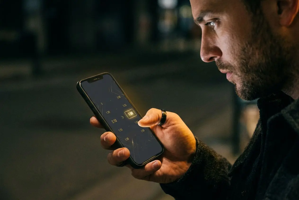 Homme examinant son smartphone en plein air, affichage de cotes football sur l’écran. betclic cotes football intégré.