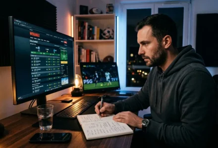 Homme en hoodie analyse des pronostics Winamax sur deux écrans, prend des notes dans un carnet dans une setup gaming, ambiance nocturne. pronostic winamax intégré naturellement.
