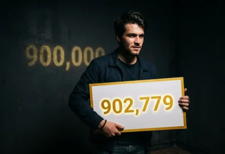 Homme tenant une pancarte affichant 902,779 €, motif de gain record sur Betclic meilleur gain, bruitage 900,000 en arrière-plan.