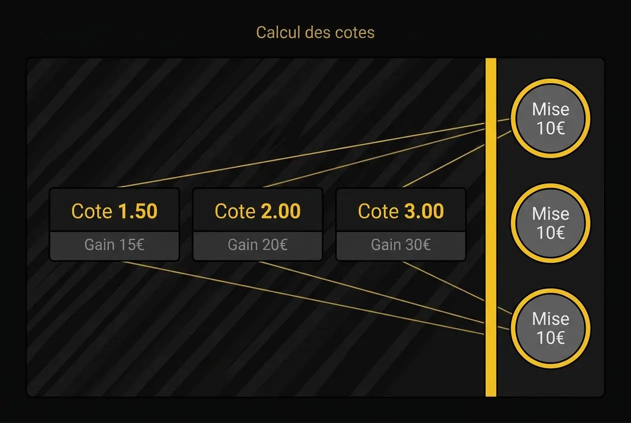 Interface de calcul des cotes Betclic cote foot avec trois options Cote 1.50, 2.00 et 3.00 et gains correspondants, côtés reliés par des lignes dorées et boutons Mise 10€ sur le côté droit.