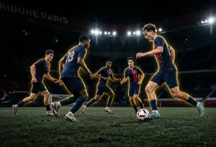 Jeunes joueurs en action sur un terrain: mise en avant des nouvelles pépites de ligue 1 lors d’un entraînement nocturne.