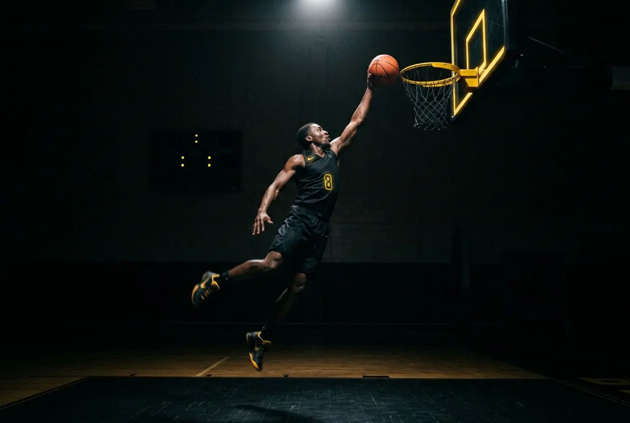 Joueur de basket en vol vers le panier, dunk spectaculaire dans une salle sombre, lumière ciblée sur le cerceau. betclic elite meilleur marqueur
