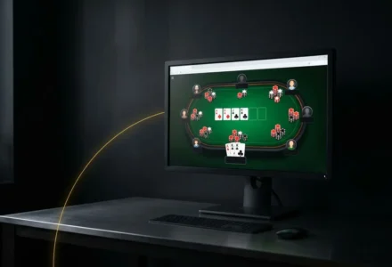 Joueur devant un écran affichant une table de poker en ligne accessible via navigateur, sans application Winamax.