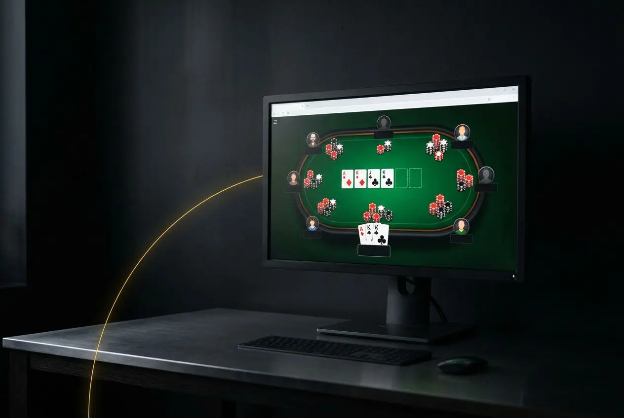 Joueur devant un écran affichant une table de poker en ligne accessible via navigateur, sans application Winamax.