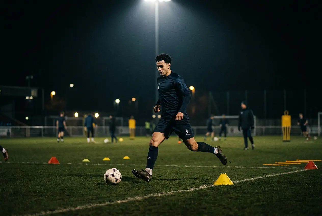 Joueur de football en action sur terrain nocturne, dribble autour des cônes jaunes. Proche du ballon, ambiance entraînement avec d'autres joueurs en arrière-plan. joueurs libres ligue 1 intégré naturellement.