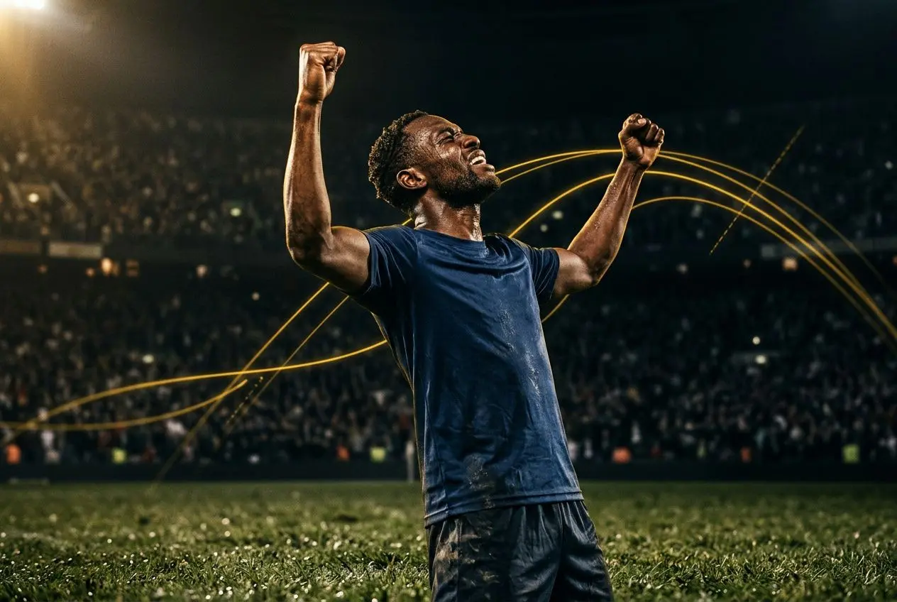 Joueur de football célébrant sur le terrain, bras levés en triomphe sous les projecteurs, avec des trajectoires lumineuses autour. betclic meilleur buteur coupe du monde.