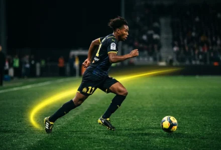Un joueur de football en noir et jaune court après le ballon sur un terrain vert, aura lumineux autour de ses mouvements.
