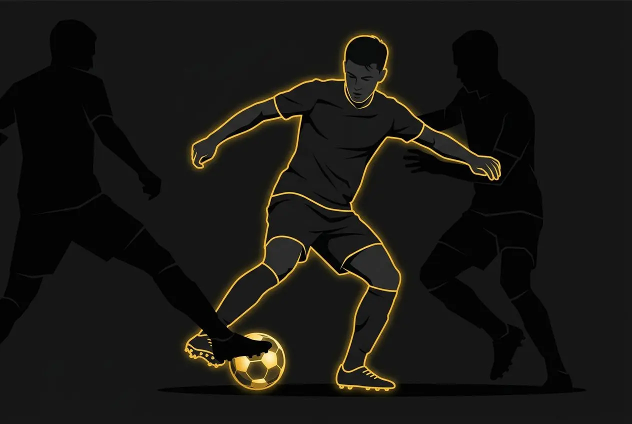 Joueur de ligue 1 en action, dribble éclairé entouré par deux adversaires dans une ambiance sombre.
