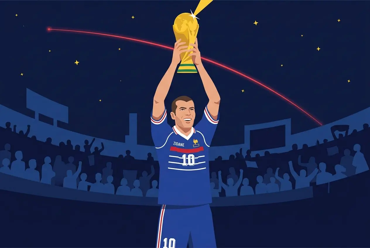 Joueur en maillot bleu soulève un trophée doré en victoire, aura Zidane premier sélection équipe de France.