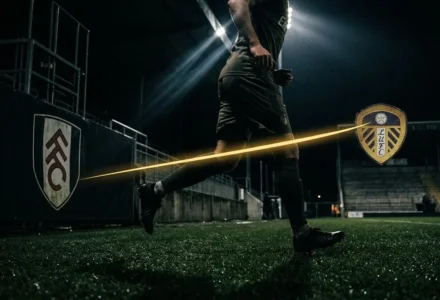 Joueur en mouvement sur un terrain de football, avec le logo du club Leeds United en arrière-plan et une ligne lumineuse traversant le gazon. les derniers transferts en ligue 1.