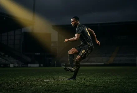Joueur prêté par Tottenham en action sur le terrain nocturne, contrôle du ballon en défense et sprint.