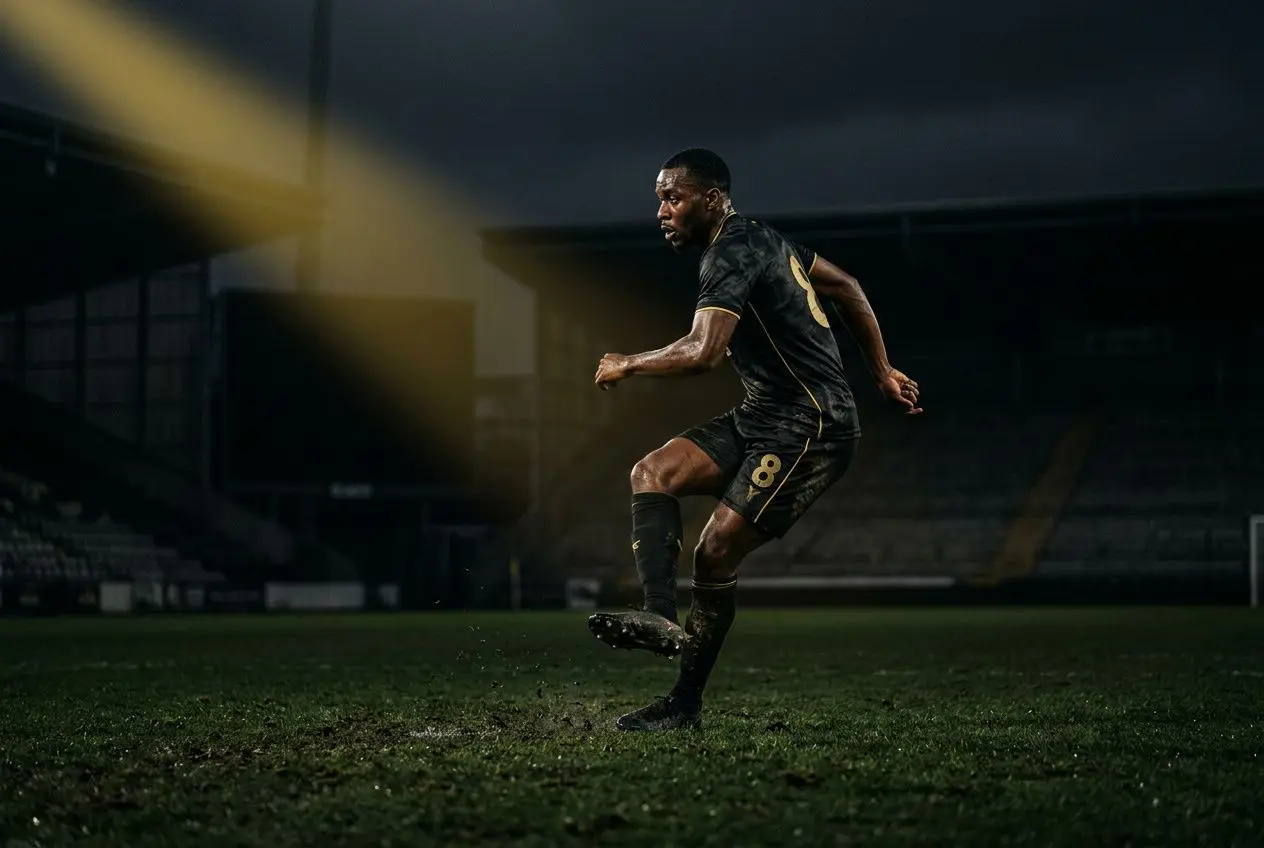 Joueur prêté par Tottenham en action sur le terrain nocturne, contrôle du ballon en défense et sprint.