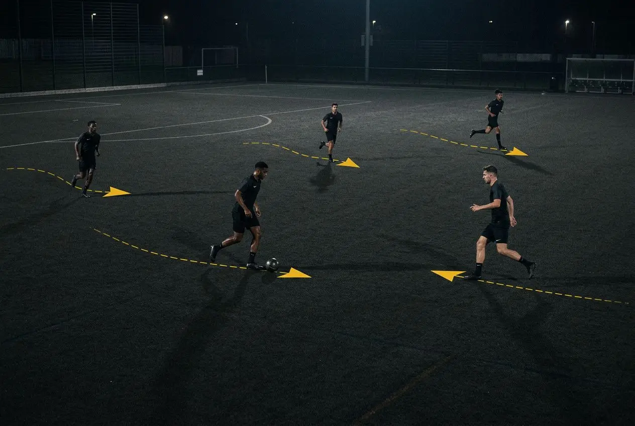 Joueurs en entraînement nocturne, un joueur prêté par Manchester City dribble un ballon entouré de cônes jaunes sur un terrain synthétique.