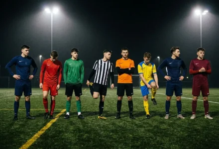 Joueurs prétenants juventus sur un terrain de football éclairé de nuit, équipés de maillots multicolores et uniformes.