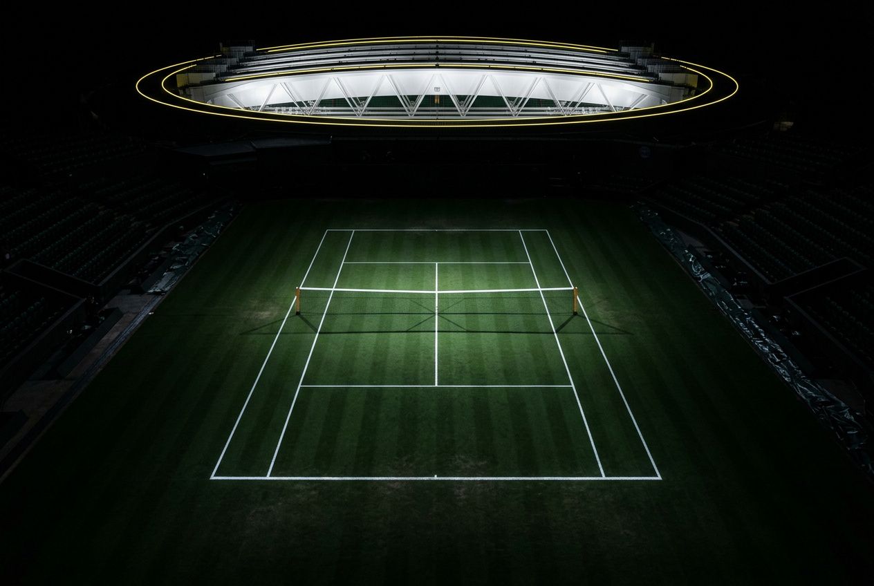 Lendrier du tournoi de Wimbledon 2026: terrain de tennis éclairé au centre du court, écrans et tribunes autour de l’aire de jeu.