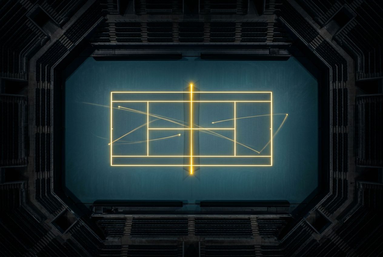 Lentilles lumineuses du court de tennis vu d’en haut, avec un filet central et les lignes du terrain éclairées au néon, prêt pour le lendrier tennis dubai 2026.