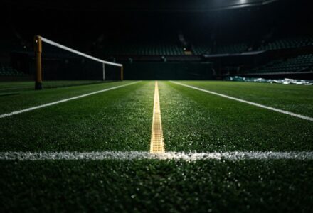 Ligne médiane jaune sur la pelouse verte d’un court de Wimbledon, vue au ras du sol près du filet. lendrier de wimbledon 2026.