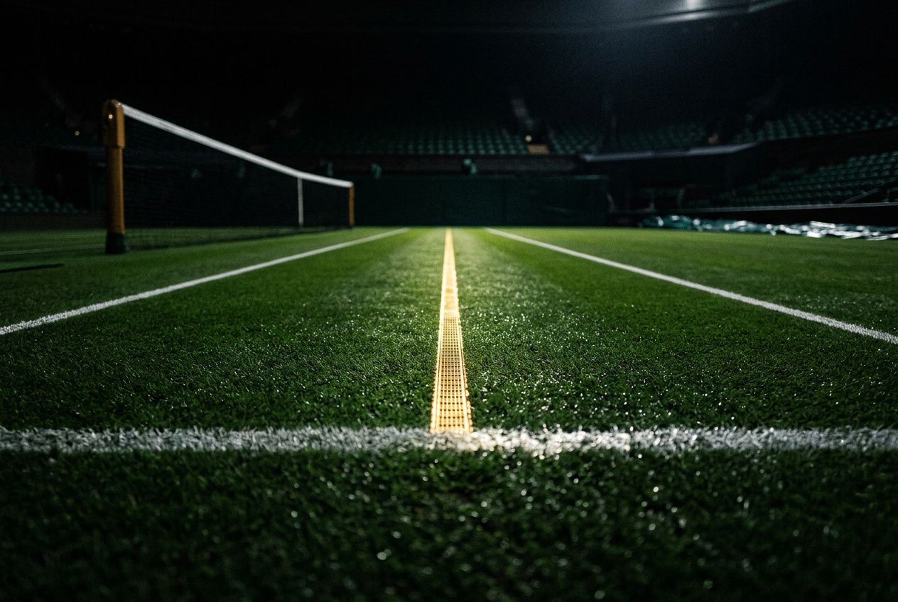 Ligne médiane jaune sur la pelouse verte d’un court de Wimbledon, vue au ras du sol près du filet. lendrier de wimbledon 2026.