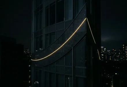 Lumière en arc sur façade d’immeuble sombre, vue nocturne sur la ville. betclic fiabilité intégrée naturellement dans une description fluide.