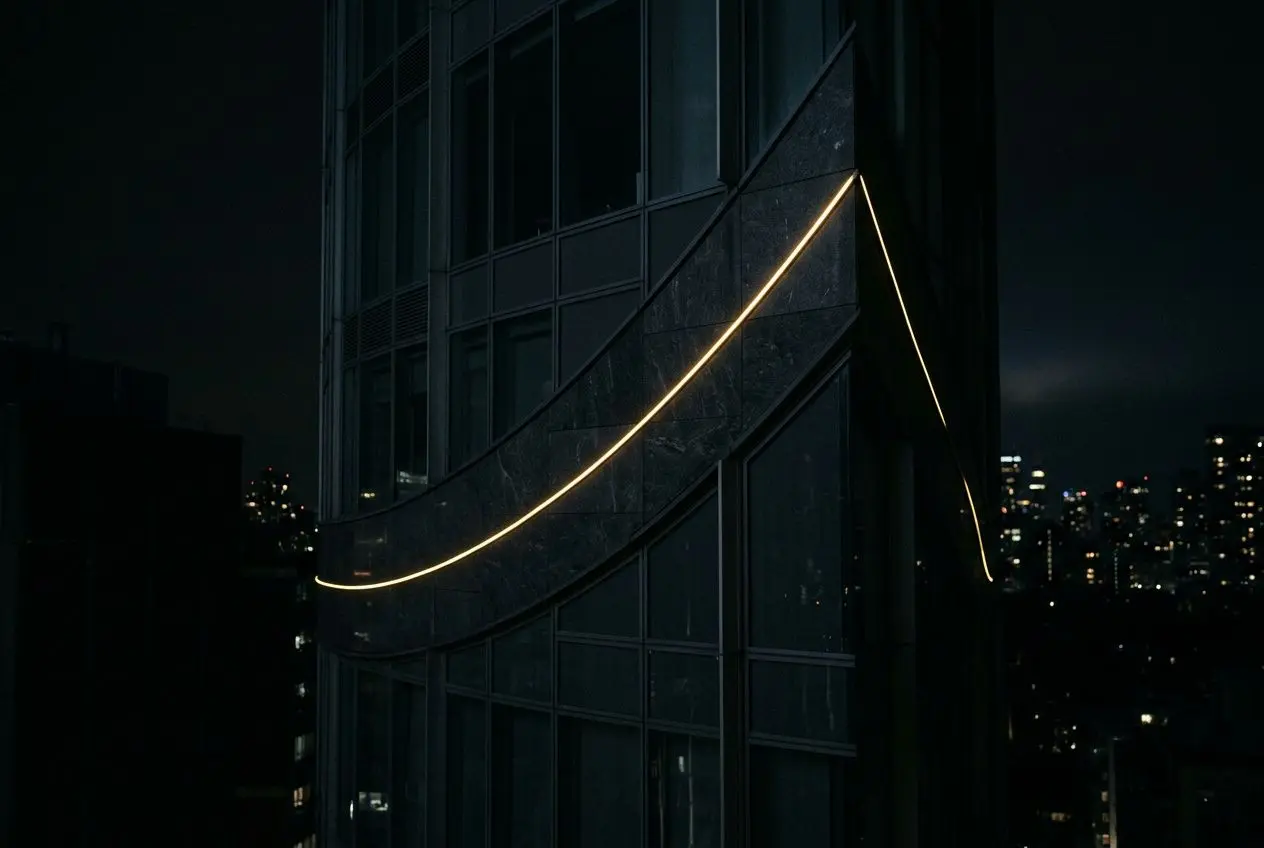 Lumière en arc sur façade d’immeuble sombre, vue nocturne sur la ville. betclic fiabilité intégrée naturellement dans une description fluide.