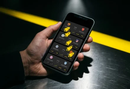 Main sujet: smartphone affichant des cotes boostées Betclic avec des icônes jaunes sur l’écran, utilisé en main. Inclure le mot-clé: betclic cotes boostées. Alt: Utilisateur tenant un smartphone montrant des betclic cotes boostées sur l’écran.