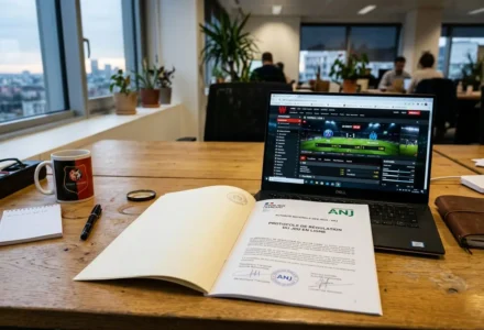 Ordinateur portable affichant une plateforme de paris/poker en ligne, avec carnet et documents, ambiance bureau. est-ce que winamax est fiable?