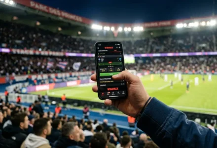 Person tenant son téléphone affichant l’application Winamax dans un stade bondé, lors d’un événement sportif. Le code bonus Winamax est suggéré par l’écran, avec ambiance de pari en direct.